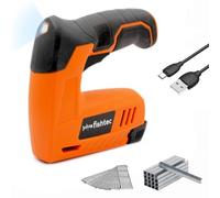 FISHTEC Agrafeuse Electrique Cloueuse Sans Fil - Batterie Li-Ion 4V, Rechargeable - Idéal Bricolage, Décoration : Murale, Tapisserie, Bois - Livrée avec 200 agrafes et 200 clous - Orange