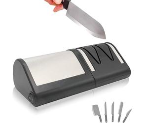 FISHTEC Aiguiseur de Couteaux de Cuisine Electrique - Affûtage + Polissage à 2 Niveaux - Couteau Métal ou Céramique - Disques Abrasifs Diamantés - 21CM (Noir)