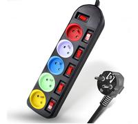 FISHTEC Black - Multiprise 5 prises couleur avec interrupteurs individuels, câble 1,5 m