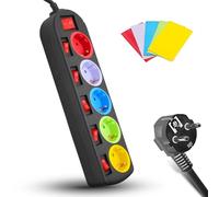 FISHTEC Bloc Multiprise Schuko - 5 Prises colorées avec Interrupteurs individuels et Câble 1,5 m - Protection Enfants Gestion de Consommation électrique pour Maison et Bureau - 29x7,5x4 cm