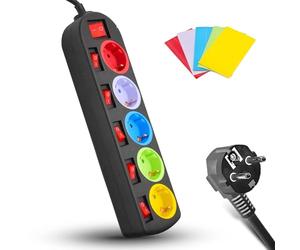 FISHTEC Bloc Multiprise Schuko - 5 Prises colorées avec Interrupteurs individuels et Câble 1,5 m - Protection Enfants Gestion de Consommation électrique pour Maison et Bureau - 29x7,5x4 cm