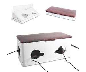 FISHTEC Boîte Cache Multiprise "Wood" - Organisateur de Câbles et Prises - Design Blanc et Effet Bois - Pour Multiprise 5 à 6 Fiches - 34 x 15 x 14,3 cm