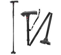 FISHTEC Canne de Marche Pliable Télescopique avec Lampe Torche et Alarme | base stable 4 embouts antidérapants articulés, manche réglable 85 à 95 cm, poignée ergonomique dragonne, poids plume 400g