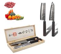 Fishtec - Coffret 2 Couteaux Japonais - Nakiri et Santoku - Lame en Acier - Manche en Palissandre Africain - Boite Cadeau Protégeant la Lame - Coefficient 58 HRC - Martelage Artisanal