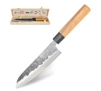 FISHTEC - Couteau Santoku Japonais - Lame Acier Martelée 18 cm 58 HRC Manche Palissandre Coffret Bois Format 32.5x4.3 cm - Découpe Précise Cuisine