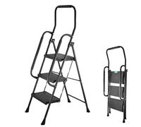 FISHTEC Escabeau 3 Marches Pliable avec Garde-Corps et Rampes Sécurité - Marchepied Acier Robuste Antidérapant Charge 150Kg - Échelle Stable pour Bricolage Maison et Rangement