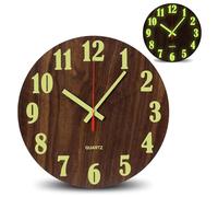 Fishtec Horloge Murale Effet Bois Phosphorescente - Pendule silencieuse à Mouvement continu sans Bruit pour Chambre et Salon - Grands Chiffres et Aiguilles luminescents - Diamètre 25cm