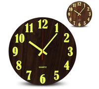 FISHTEC Horloge murale effet bois phosphorescente - Silencieuse - Grands chiffres et aiguilles luminescents - Ø 25 cm