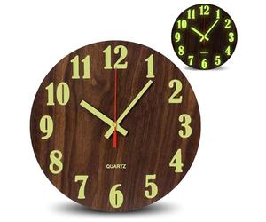 Fishtec - Horloge Murale Lumineuse en Bois - Pendule Phosphorescente Grands Chiffres + Aiguilles Fluorescents Silencieuse, sans tic tac pour Cuisine, Bureau, Salon, Chambre Ø 25 cm
