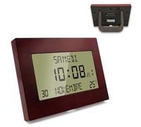 Fishtec Horloge Murale Radiopilotée Numérique Motif Bois - Grand Écran LCD Date Jour Température - Réveil Double Alarme Snooze - 8 Langues - À Poser ou Accrocher - 23 x 16 cm