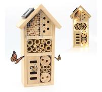 FISHTEC - Hôtel à Insecte Maison Solaire en Bois 10 LED Alimentées par Panneau de Pin Massif À Poser ou Suspendre Refuge Toutes Saisons Coccinelle, Papillon, Abeille, etc.
