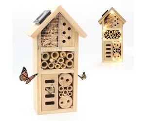 FISHTEC - Hôtel à Insecte Maison Solaire en Bois 10 LED Alimentées par Panneau de Pin Massif À Poser ou Suspendre Refuge Toutes Saisons Coccinelle, Papillon, Abeille, etc.