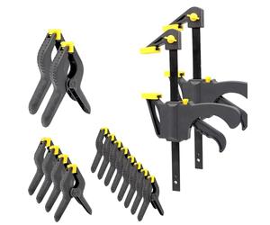 FISHTEC - Kit Complet de Serrage pour Travaux Bois 16 Pièces : 14 Pinces à Ressorts (3 Tailles) + 2 Serres-Joints Ouverture Rapide Idéal Bricolage, Ateliers, Serrage, Collage, etc.
