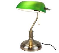 FISHTEC Lampe de Banquier Verte - Lampe de Bureau Vintage - Chevet Rétro - Notaire, Avocat, Bibliothèque - Culot E27 - Opaline en Verre - Interrupteur Chaînette - 38 CM - Pied Bronze