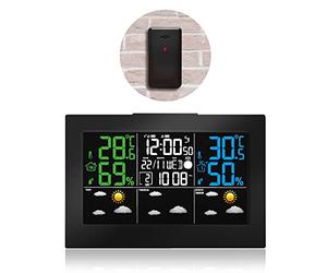 FISHTEC Moniteur Météorologique pour la Maison | Indicateur de climat, baromètre à prévision, phases de la lune, horloge de chevet à double réveil, capteur sans fil