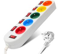 FISHTEC - Multiprise Électrique 5 Prises Couleur - Interrupteurs Individuels + Interrupteur Général Câble 150 cm Stickers Organisation Câbles ABS Normes NF - Usage Bureau Salon Gestion Énergie