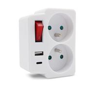 FISHTEC Multiprise Murale avec 2 Prises Secteur + 1 Port USB-A + 1 USB-C - Interrupteur Économie d'Énergie, Protection...