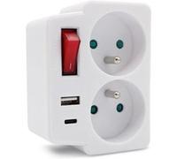 FISHTEC Multiprise Murale avec 2 Prises Secteur + 1 Port USB-A + 1 USB-C - Interrupteur Économie d'Énergie, Protection Enfant, 3500W, Charge Rapide, Blanc Compact