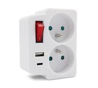 FISHTEC Multiprise Murale Duo USB - 2 Prises Secteur avec Ports USB-A et USB-C - Interrupteur General - Protection Enfant - 3500W - Blanc