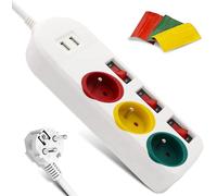 FISHTEC - Multiprise Trio Color 3 Prises Rouge Jaune Verte - Interrupteurs Individuels 2 Ports USB 2A Stickers Identification Câble 180 cm ABS 23 x 8 cm - Organisation Bureau Maison Télétravail