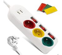 FISHTEC Multiprise Trio Color avec Interrupteurs Individuels - 3 Prises Rouge, Jaune et Verte + 2 Ports USB 2A - Stickers d'Identification Inclus - Long Câble avec Tête Ronde - 23 x 8 cm - Blanc