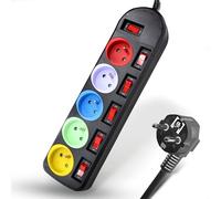 FISHTEC - Multiprises Electriques 5 Prises Couleurs - Câble 1,5m - Bloc Multiprise Interrupteur Général + pour Chaque Sortie - Stickers Inclus - Noir Multicouleur