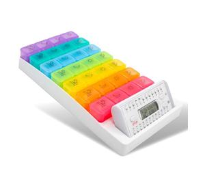 FISHTEC - Pilulier Semainier 7 Jours 28 Compartiments Multicolores - Boîte à Médicaments Journalier Matin/Midi/Soir/Nuit -Écran Digital avec Heure + 6 Alarmes Programmables par Jour