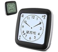 FISHTEC Réveil Digital Numérique Radiopiloté Silencieux | Écran LCD aiguilles sans tic tac, température, taux humidité, 7 langues, 2 alarmes, rétroéclairage compact 9 cm