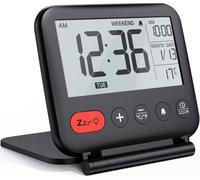 Fishtec - Réveil Numérique de Voyage Compact, Écran LCD 3,23", Heure 12/24h, Date, Température, Alarme Week-End, Snooze, Rétroéclairage Bleu, Miroir Pliable, ABS, Pile CR2032, 9x8,5 cm