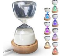 FISHTEC - Sablier Lumineux 15 Minutes - Sablier Décoratif 7 Couleurs et 3 Modes - en Verre Organique - Socle en Bois - Rechargeable en USB - Bouton Touch - Jeux, Cuisine, Activités Chronométrées