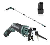 FISHTEC Scie Sabre sans Fil 10,8V - Manche Télescopique 170 cm - Support de Fixation de Stabilité - 3 Lames Incluses Bois, Métal et Alu - Batterie Lithium 1300 mAh