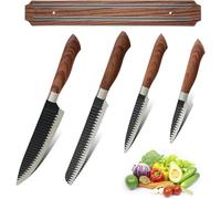 Fishtec - Set 4 Couteaux de Cuisine INOX : Couteau à Pain, Légumes, d'Office Manche en Bois Ergonomique Lames Antiadhésives + Support Magnétique 32 cm Coffret Cadeau Offrir