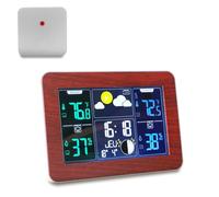 FISHTEC - Station Météo à Écran Coloré XL Motif Bois et Argent Radio Pilotée Capteur Température Humidité Données Intérieures Extérieures Luminosité, Langue 2 Alarmes Réglables Prise