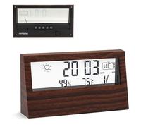 FISHTEC - Station Météo à Écran/Vitre Transparente Motif Bois Affiche la Température, l'Humidité, Date et l'Heure Données Extérieures Langue Alarme Réglables 2 Piles LR44 Fournies