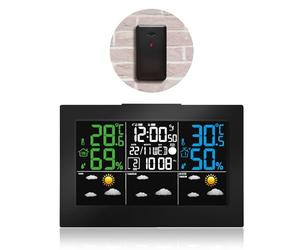 FISHTEC - Station météo avec écran LCD 16,7x9,4 cm en couleurs, capteur extérieur sans fil, température -30°C à +60°C, humidité, pression, phases de lune, alarmes programmables, snooze,