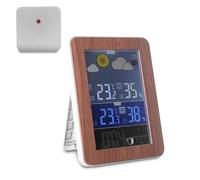 FISHTEC - Station Météo Color & Wood - Radio Pilotée Écran XL Coloré Bois Argenté Capteur Extérieur Phases Lunaires Double Alarme Luminosité Réglable 7 Langues 16.5x11.8x2.4 cm - Maison