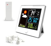 FISHTEC Station Meteo Numerique avec Capteur Exterieur sans Fil - Thermometre Hygrometre - Ecran LCD Couleur avec Affichage Heure Date Previsions Blanc