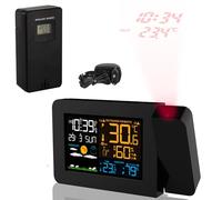 FISHTEC - Station météo LED multifonction avec grand écran couleurs - Température et humidité intérieure/extérieure - Capteur sans fil portée 90m - Radio-pilotée heure et date automatiques