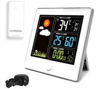 FISHTEC Station Meteo Numerique avec Capteur Exterieur sans Fil - Thermometre Hygrometre - Ecran LCD Couleur avec Affichage Heure Date Previsions Blanc G