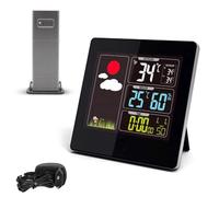 FISHTEC Station météo radio pilotée "Color My Day" - Écran LCD couleur avec capteur extérieur sans fil 60 m - Heure date alarme automatiques DCF77 - Thermomètre hygromètre mini maxi