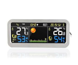 FISHTEC Station Météo Sans Fil avec Température Intérieur et Exterieur - RadioPilotée -Grand Ecran LCD 17.5 x 8.1 CM Alimentation USB ou Piles 7 Langues Fonction Réveil Horloge Argent