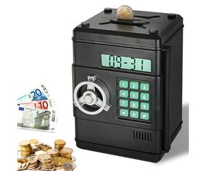 FISHTEC - Tirelire Électronique Comptage Automatique - Coffre Fort Digital Code 6 Chiffres Écran LCD Double Compartiment Pièces Billets Fonction Horloge ABS Dimensions 13x13x19,5 Cm