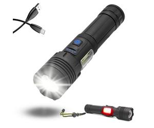 Fishtec - Torche 2000 Lumens - LED Ultra Puissante Portée 1500 m Zoom Télescopique 3 Modes + 4 Latéraux Batterie 18650 Recharge USB Aluminium 250 g - Camping Randonnée