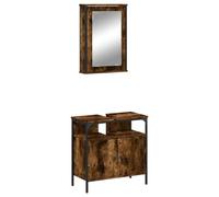 Fisinber Lot de 2 meubles de salle de bain en chêne fumé avec miroir et | Ensemble de meubles pratique composé d'une armoire murale à miroir et d'un meuble sous lavabo pour la salle de bain et les