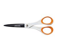 Fiskars Ciseaux antiadhésifs universels, Longueur totale: 18 cm, Pour droitiers et gauchers, Revêtement titane/Lames en acier inoxydable/Poignées en plastique, Blanc/Orange, 1004720