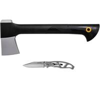 Fiskars Coffret cadeau édition limitée, Hache universelle et couteau pliant | Longueur hache : 39 cm, Lame couteau : 7,6 cm, Set outdoor pour bois, camping, randonnée et quotidien, 1057911