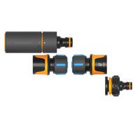 Fiskars Kit Tête de Rechange pour Buse à Tuyau, SoftGrip, avec Buse à Tuyau, Connecteur de robinet Multi filetage et Raccords de Tuyau, Ø 1,3-1,5 cm (1/2-5/8''), Noir/Orange/Bleu, 1027091