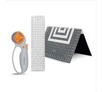 Fiskars Cutter rotatif en kit de 3 pièces avec cutter rotatif à lame de 45 mm pour tissu, plaque de découpe auto-cicatrisante et règle de couture, fournitures d'artisanat, blanc/gris
