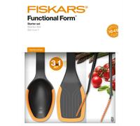 Fiskars Kit Cuisine, 3 Ustensiles de Cuisine, Functional Form, Pince Multi-Usages, 29 cm, Cuillère de Cuisine 29 cm, Spatule 29 cm, Plastique/Silicone, Noir/Orange, 1027306