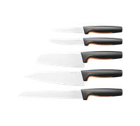 Fiskars Set de 5 Couteaux de Cuisine, Functional Form, inclus: Couteau de Chef (grand), Couteau à Légumes, Couteau à Tomates, Couteau Santoku et Couteau à Pain, Inox Japonais/Plastique, 1057558